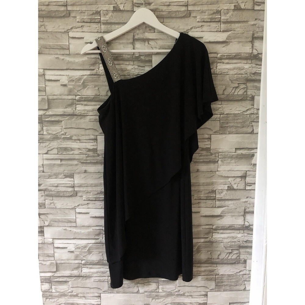 Roz & ALi Sheath Dress Sz M Black Asymmetric Rhinestone Strap Draped Stretch